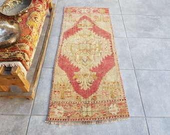 Alfombra turca vintage de lana, pequeña alfombra azteca de estilo rústico (1’4x3’4 pies)