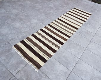 Vintage Turkish Runner Rug, Cream Striped Hemp Kilim (2x8 ft)