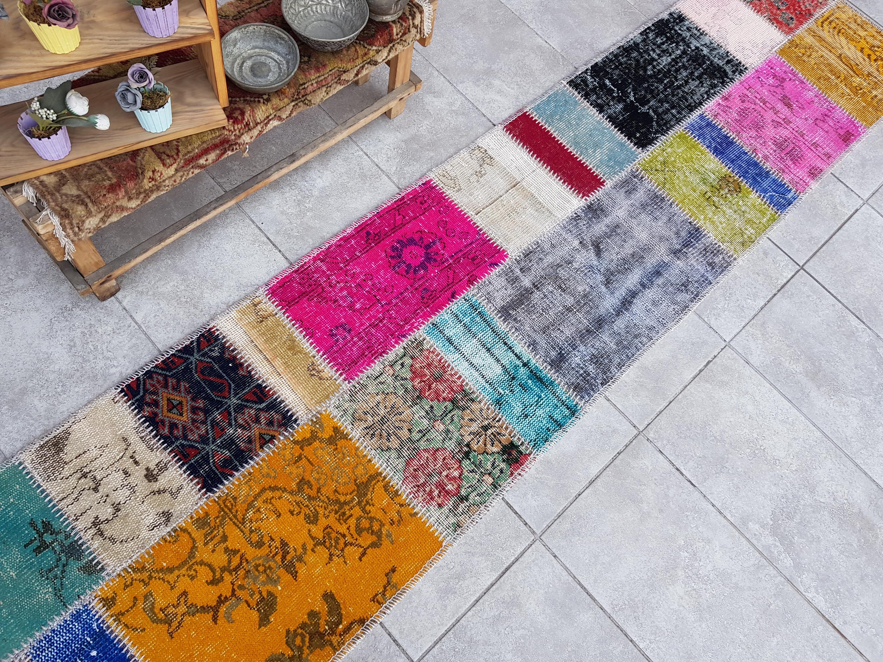 パッチワーク ウシャック ランナーラグ、2x9 ヴィンテージ トルコ