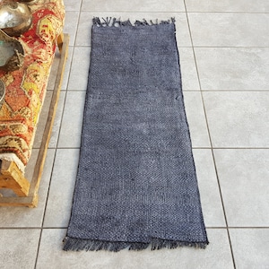 Dark Gray Hemp Rug, Turkish Vintage Hemp Rug, Designer Rug, Bohemian Rug, Handknotted Rug, Authentic Hemp Rug, Antique Hemp Rug, 110x43 Cm