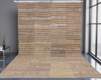 Oversize Handwoven Kilim Rug, Brown Blue Yellow, Turkish Striped Boho Rug (10x12)