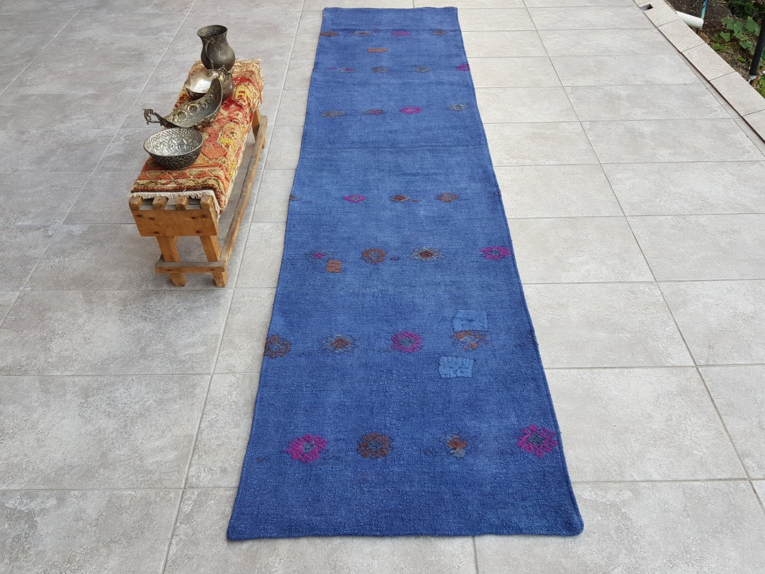 Turkish Blue Hemp Rug, Runner Carpet, Hand Knotted Anatolia Rug