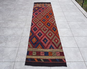 Traditional Kilim Rug, 2x9 Kilim Rug, Cicim Runner Rug, 2x9 Runner Rug, Red Blue Runner, Minimalist Runner, 2x9 Turkish Runner, 269x70 Cm