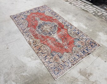 Vintage Rug, Floor Rug, Wool Distressed Rug, Oushak Minimalist Rug, Wall Decor Rug, Turkish Small Rug, Red Blue Rug, 210x110 Cm