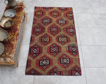 Vintage Turkish Kilim Rug, Organic Wool, Red Yellow, 2.1x3.7 Ft