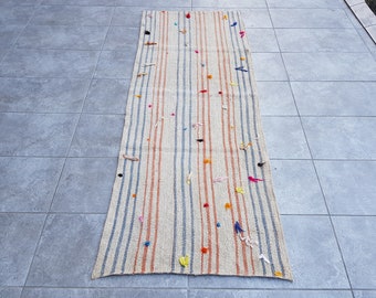 Cream Orange Blue Kilim Rug, Runner Home Decor, Area Hallway Rug, Fletweave Runner Kilims, Neutral Kilim, 2.4x6.4 Ft, Oriental Rug, 198x76Cm