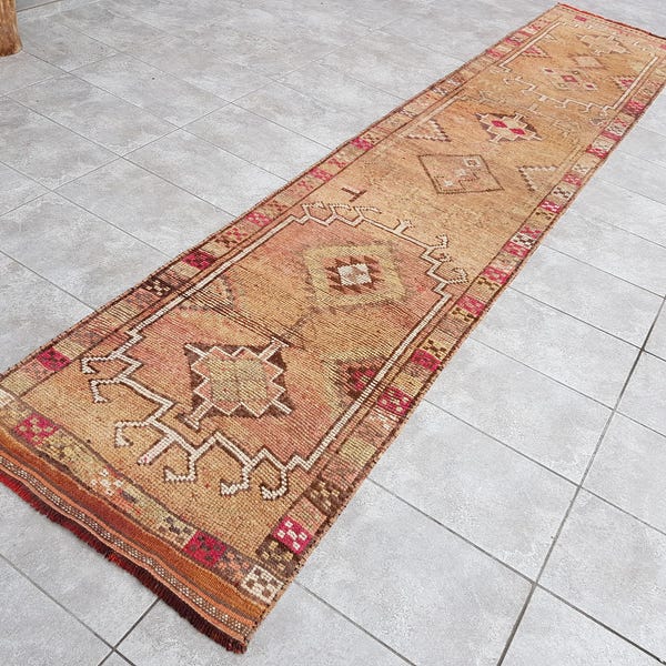 3x14 Brown Runner Rug, Brown White Runner Rug, 3x14 Muted Rug, 3x14 Vintage Runner Rug, 3x14 Oushak Runner Rug, Turkish Runner Rug, 416x87Cm