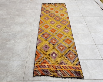 Vintage Turkish Kilim Runner Rug, Yellow Orange Tribal Design, 2.3x7 ft