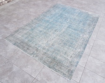 Vintage Aqua Turkish Rug, Oriental Wool Carpet, 5x8 ft