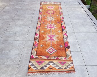 Vintage Orange Runner Rug: Turkish Oushak Wool Hallway Rug (3x10)