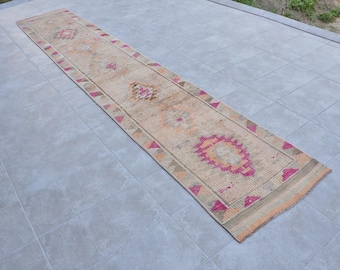 Beige Oushak Rug, Soft Turkish Rug, Muted Runner Rug, Hallway Carpet, Vintage Boho Rug, Pale Color Rug, Oriental Runner, 403x74 Cm