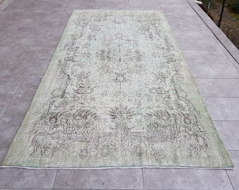 Large Overdyed Water Green Turkish Rug, Vintage Wool Anatolian Rug (305x170 Cm)