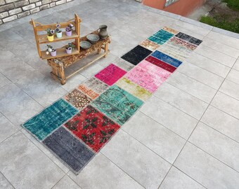 Vintage Patchwork Runner Rug, Gray Turquoise Multicolor, Boho Interior (2x9)