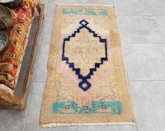 2x3 Decorative Entry Rug, Front Door Rug, Small Pink Blue Oushak Rug, Dazzling Bath Mat, Kitchen Doormat Rug, Coral Pink Rug, 100x52 Cm