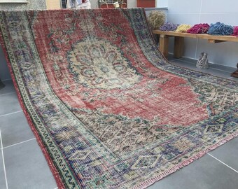 Oversize Muted Rug, 6x10 Natural Turkish Rug, Diningroom Rug, Pastel Red Blue Rug, 303x187 Cm