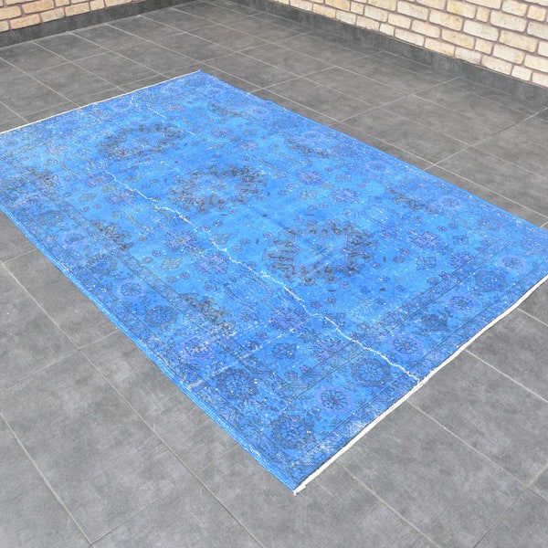 Alfombra vintage turca, 8'1'x5'1' turca sobredañada, alfombra azul, alfombra nómada tradicional, alfombra vintage decorativa antigua, 247x156, alfombra de piso angustiada