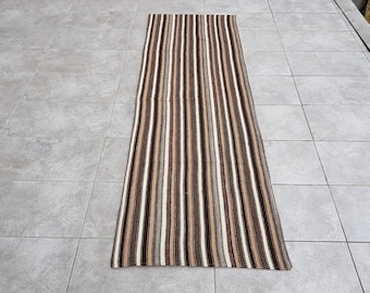 Striped Brown Kilim Runner Rug: Turkish Boho Area Rug (220x76 Cm)