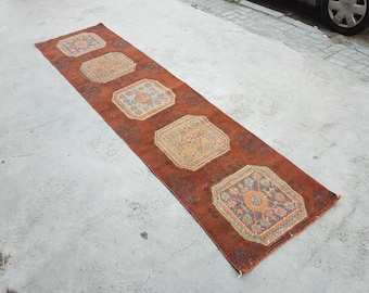 Brown Wool Vintage Rug, 2x9 Runner Rug, Oriental Runner, Turkish Wool Hallway Rug, Distressed Rug, 2x9 Oushak Rug, Area Runner, 283x70 Cm