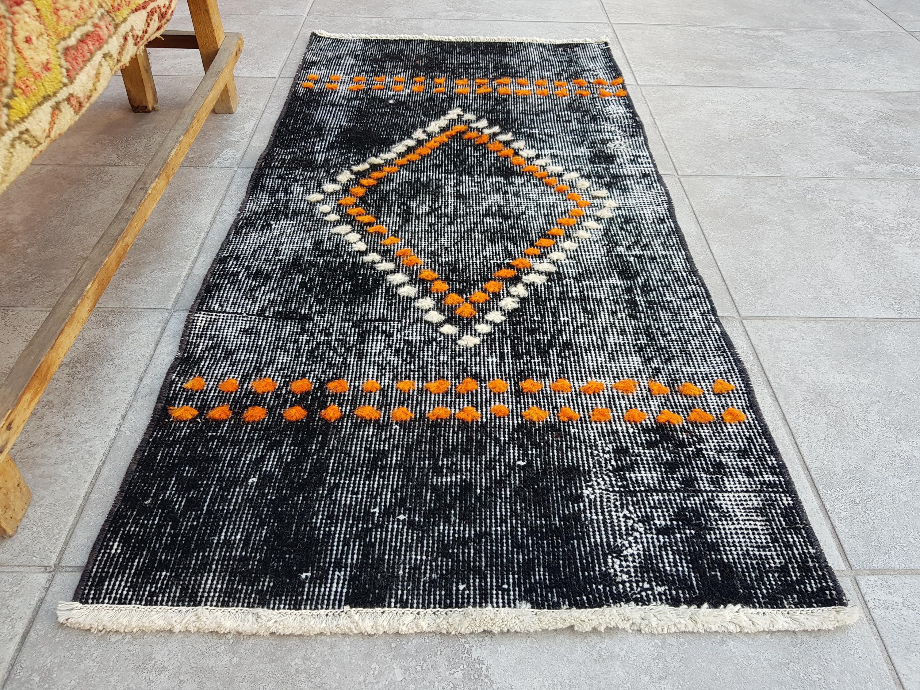 Vintage Turkish Oushak Wool Rug, Black Distressed Entry Mat
