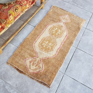 Brown Pink Rug, Outdoor Rug, Frontdoor Rug, Oushak Door Mat, Farmhouse Rug, İnteriour Rug, Small rug, 1&#39;4x2&#39;9 Ft, Area Antique Rug, 89x45 Cm