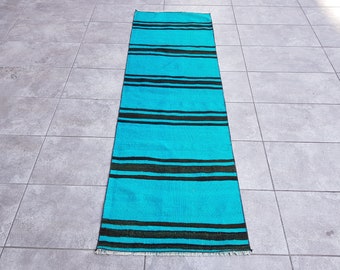 Turquoise Turkish Runner Rug, 2x6 Vintage Tribal Area Rug, Striped Design, Home Decoration Carpet