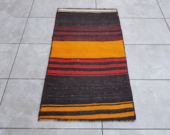 Vintage Turkish Kilim Rug, Red and Yellow Striped Wool (98x57 Cm)