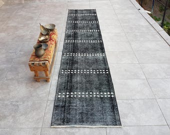 2x10 Black Runner Rug, Hallway Turkish, Nomadic Rug, 2x10 Vintage Rug, Overdyed Runner Rug, Black Wool Rug, Black Kitchen Rug, 300x68 Cm