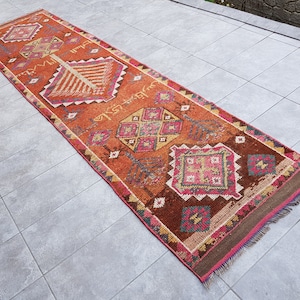 Stair Rug, Faded Runner Rug, 3x12 Traditional Rug, Orange Brown Rug, Oushak Turkish Rug, 3x12 Kitchen Rug, Nursery Runner Rug, 370x93 Cm