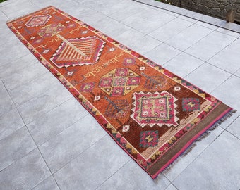 Stair Rug, Faded Runner Rug, 3x12 Traditional Rug, Orange Brown Rug, Oushak Turkish Rug, 3x12 Kitchen Rug, Nursery Runner Rug, 370x93 Cm
