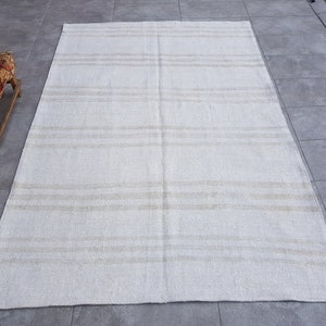 Area White Hemp Rug, 5x8 Bohemian Hemp Rug, Turkish Hemp Rug, Vintage Rug, Nomadic Rug, 5x8 Saloon Hemp Rug, Striped Design Hemp, 236x159 Cm