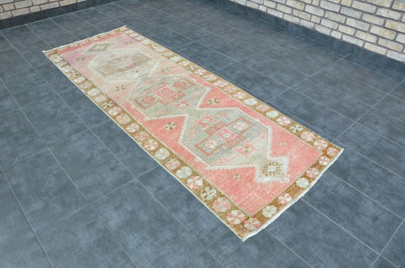 Oushak Runner Vintage Hallway Rug 3'2x9'0 Faded Oriental Antique Rugs 3x9 Decor Kitchen Floor Rug 277x100 Tribal Boho Turkish Unique R-1018