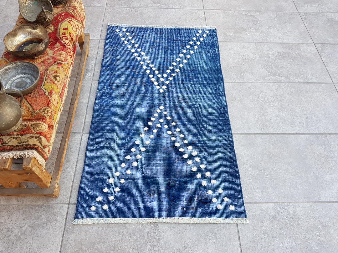 Aztec Entry Rug Vintage Turkish Wool Rug, Blue White Aztec Design, Small Entry Mat ...