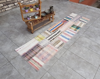 Vintage Turkish Runner Rug, Neutral Bohemian Hallway Rug (2x7, 225x65 Cm)
