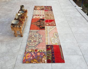Vintage Patchwork Runner Rug, Turkish Wool Hallway Rug, 2x8
