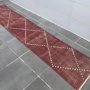 2x10 Overdyed Burgundy Wool Runner Rug, Vintage Turkish Hallway Rug, 2x10 Moroccan Design Runner Rug, 290x55 Cm