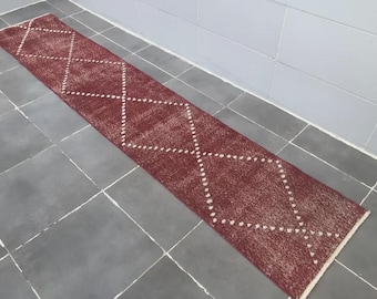 2x10 Overdyed Burgundy Wool Runner Rug, Vintage Turkish Hallway Rug, 2x10 Moroccan Design Runner Rug, 290x55 Cm