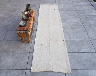 White Hemp Runner Rug, 2x7 Boho Rug, Organic Wool and Cotton