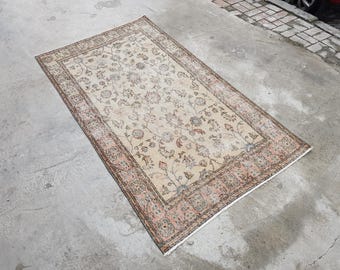 İnteriour Design Rug, Traditional Wool Rug, Faded Area Rug, Muted Rug, Vintege Ethnic Rug, Oushak Rug, Bedroom Rug, 198x110 Cm