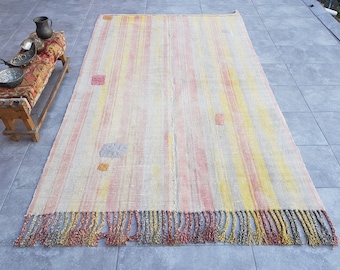 Vintage Turkish Kilim Rug, Yellow Red Striped Design, Fringed Tribal Carpet (229x147 Cm)