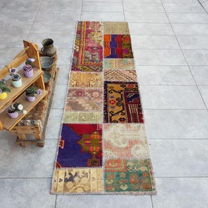 Wool Patchwork Runner Rug, 2x7 Contemporary Rug, Faded Rug, 2x7 Vintage Rug, Home Decor Rug, 2x7 Oushak Rug, Runner Turkish, 225x69 Cm