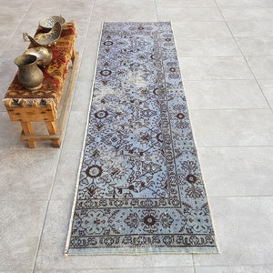 Light Blue Runner Rug, 2x7 Vintage Runner, 2x7 Hallway Rug, Overdyed Runner Rug, Faded Runner Rug, Oushak Runner, Turkish Runner Rug, 207x61