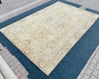 Oushak Vintage Wool Rug 9x12: Soft Brown Aztec Living Room Decor
