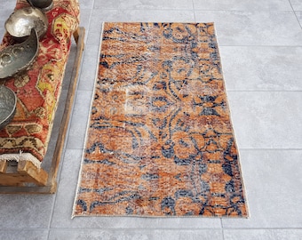 Handmade Wool Rug, Entryway Rug, Boho Decor, Throw Carpet, Wool Carpet, Orange Blue Rug, Gift Rug, Vintage Oushak Rug, Doormat Rug, 105x64Cm