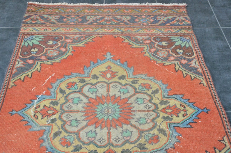 Vintage Oushak löparmatta: 90x23 cm sliten turkisk hallmatta bild 7