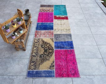 Pink & Blue Vintage Runner Rug, Oushak Hallway Kilim (234x85 Cm)