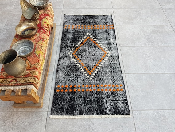 Vintage Turkish Oushak Wool Rug, Black Distressed Entry Mat