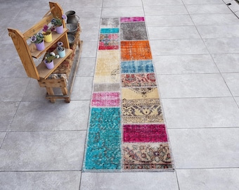 Beige paars zacht gangkleed, zongedempt Turks loper vloerkleed, noodlijdend boho vloerkleed, antieke Oushak loper, gemengde kleurrijke loper, 210 x 60 cm