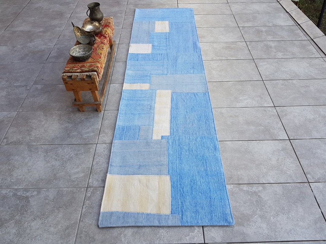 Handmade Blue White Patchwork Runner Rug, Turkish Oushak Wool 2x8 - Etsy