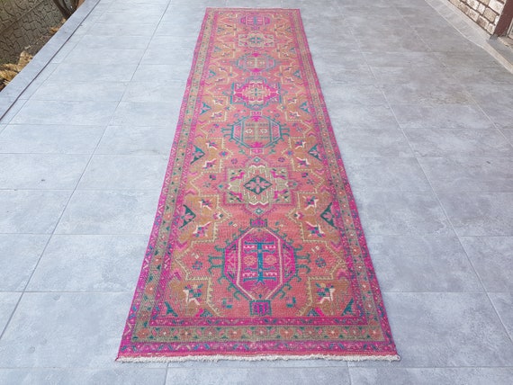 3x13 Purple Kitchen Runner Rug, Vintage Runner, Hallway Rug, 3x12 Pink Rug, Hallway Rug, Eclectic Wool Rug, Oriental Runner Rug, 383x97 Cm