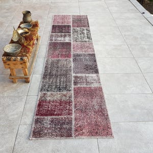 Purple Runner Rug, 2x8 Purple Rug, Pacthwork Design Rug, 2x8 Oushak Rug, Designer Runner Rug, Hallway Turkish, Ethnic Vintage Rug, 241x64 Cm